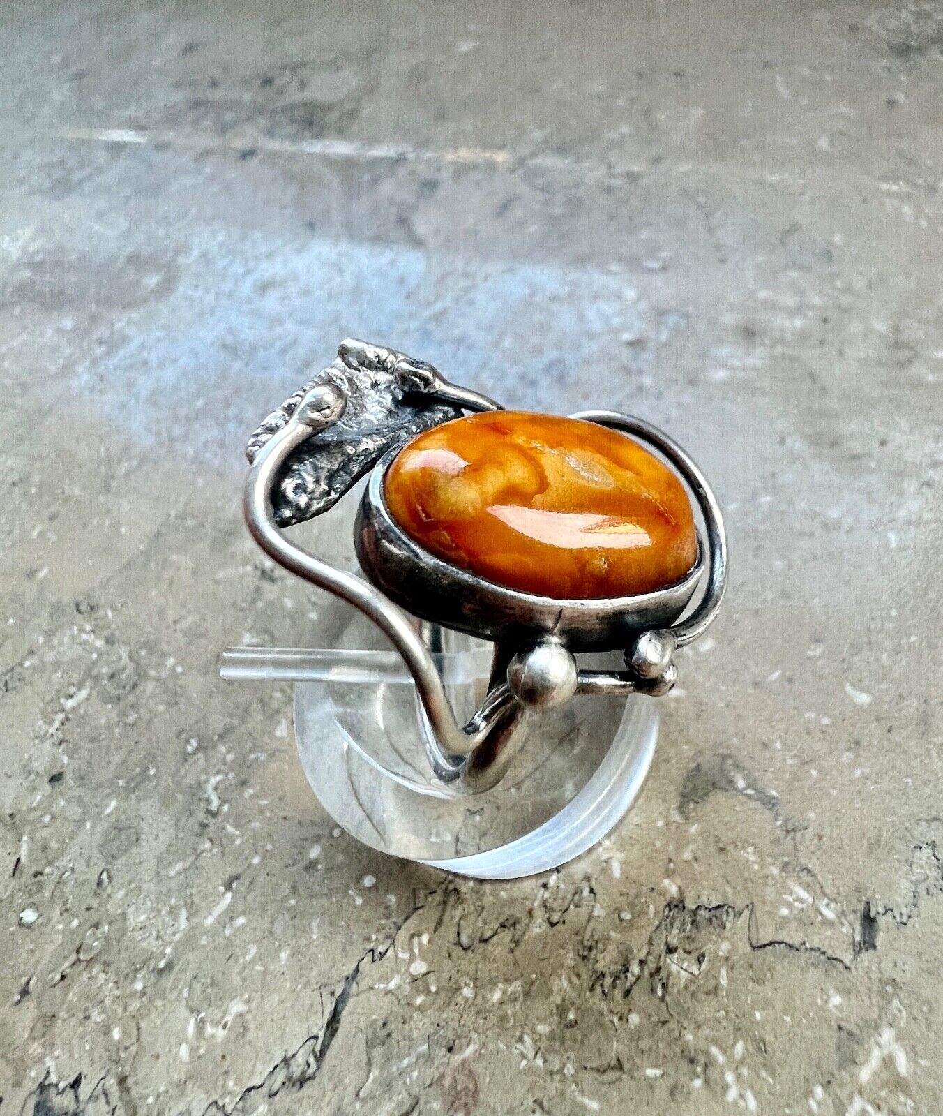 Bernstein butterscotch Designer 925 G Silber Ring Gr. 51 Frauenkopf Danzig Polen - Antikhandel-Stuttgart