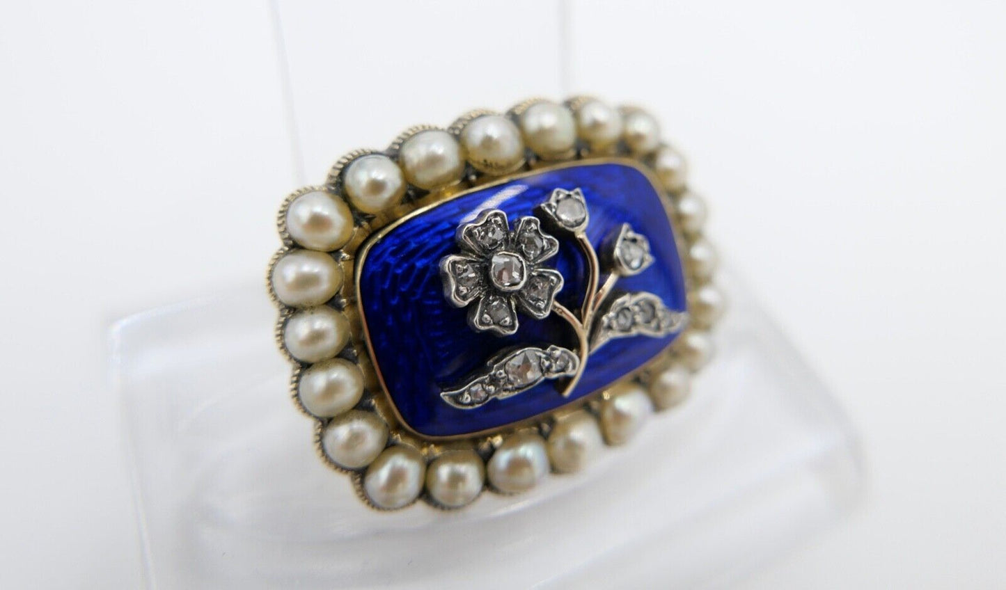 1850 antike Brosche 750 18K Gold viktorianisch floral Diamanten Perlen Emaille - Antikhandel-Stuttgart