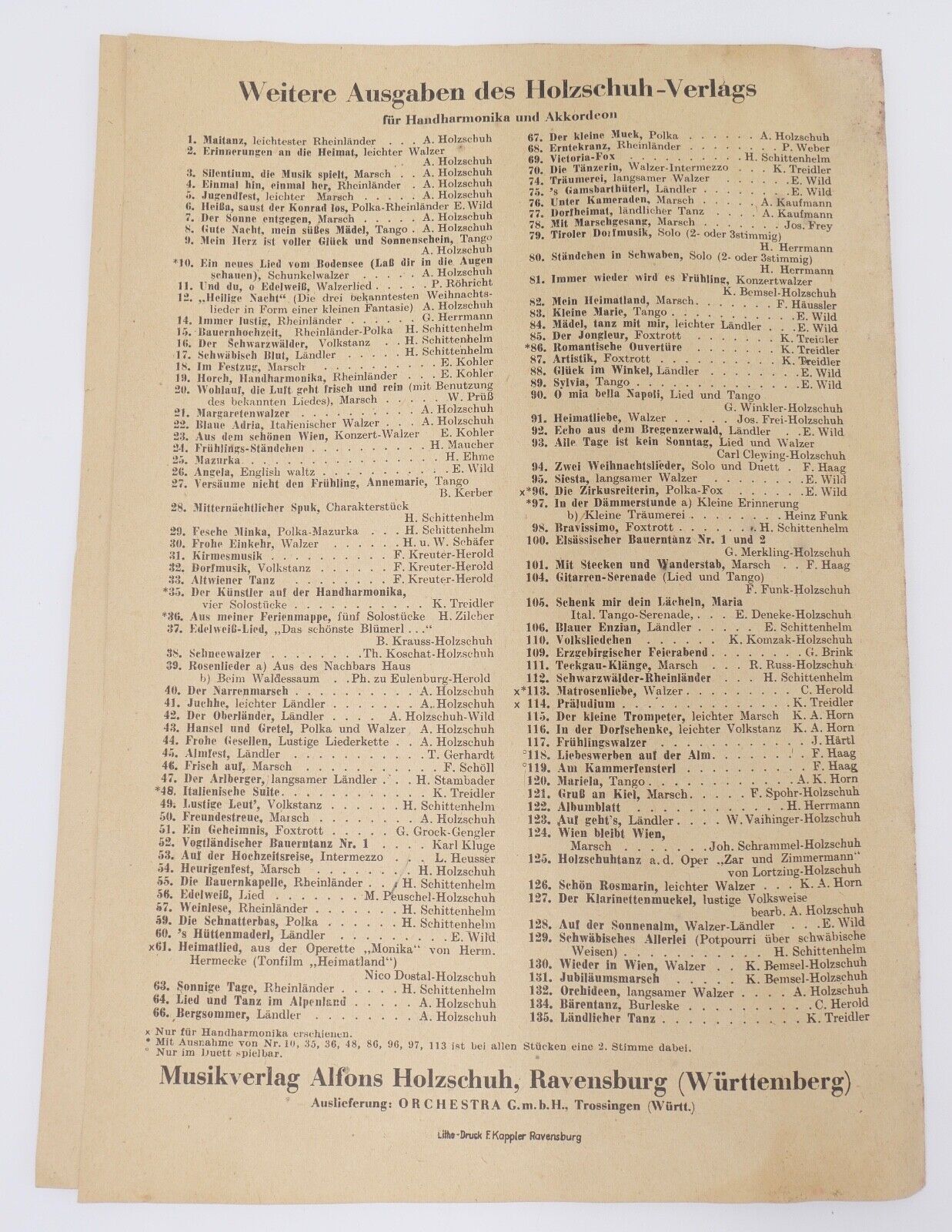 Alte Notenhefte Musikverlag Alfons Holzschuh Ravensburg & Hans Sikorski Hamburg - Antikhandel-Stuttgart