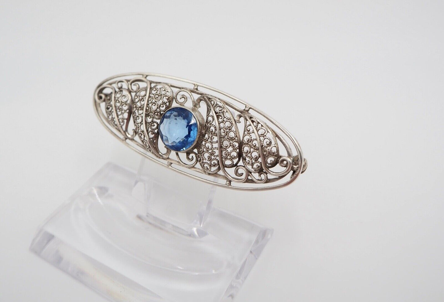 alte 50er Jahre Silber 835 filigran floral Brosche 57mm oval Schmuckstein blau - Antikhandel-Stuttgart