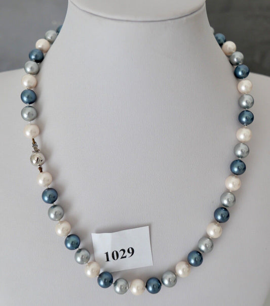 Perlenkette blaue Perlen Gold 585 / 14K pearl Ø 8,2 mm 45,5 cm bunt - Antikhandel-Stuttgart