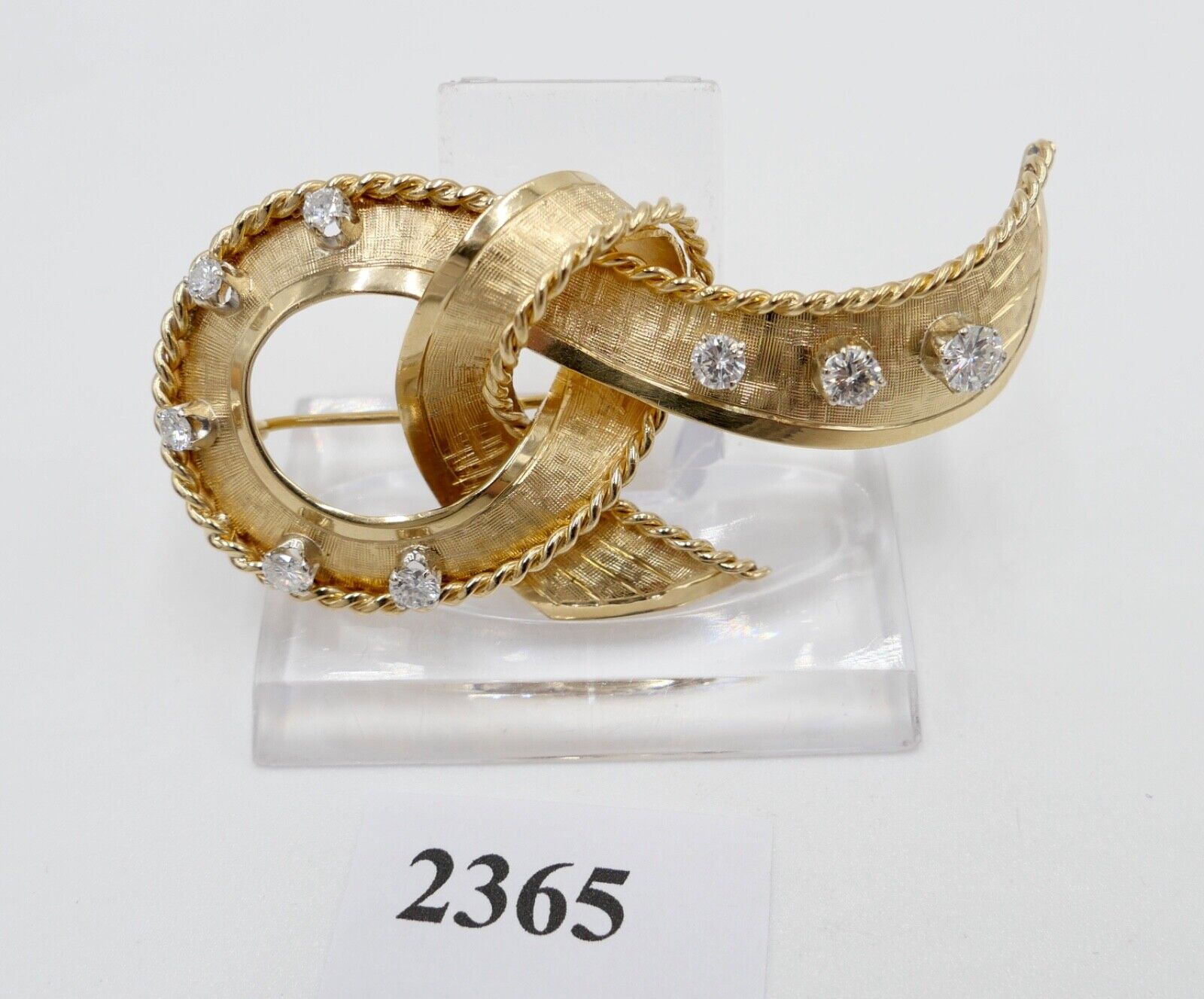 Große alte Schleifen Brosche 750 18K Gelbgold 1,34 Ctw Brillanten 66mm Punze SF - Antikhandel-Stuttgart