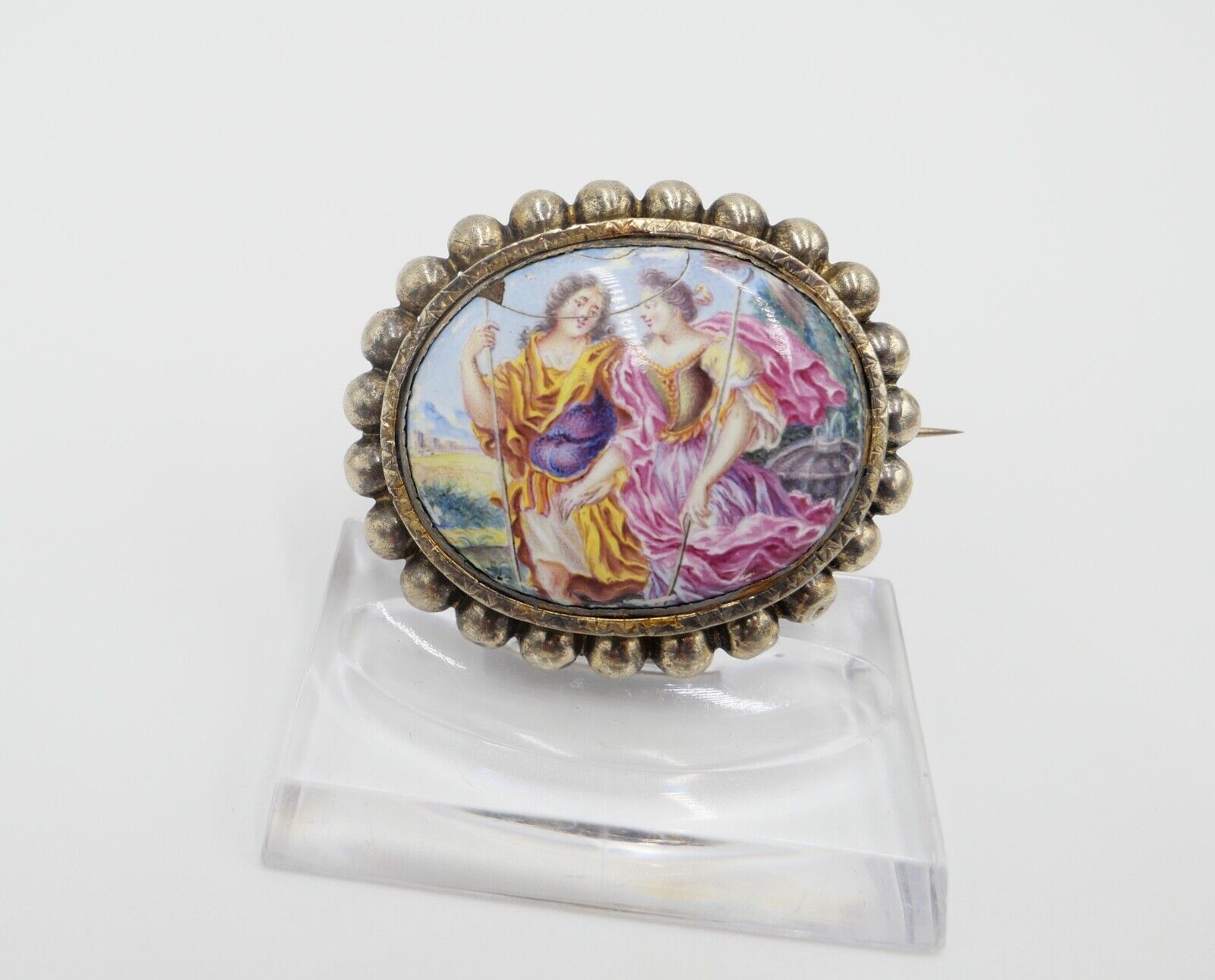 antike Brosche aus dem 19. Jh Silber vergoldet Emaille Barock Szene - Antikhandel-Stuttgart