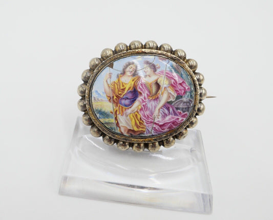 antike Brosche aus dem 19. Jh Silber vergoldet Emaille Barock Szene - Antikhandel-Stuttgart