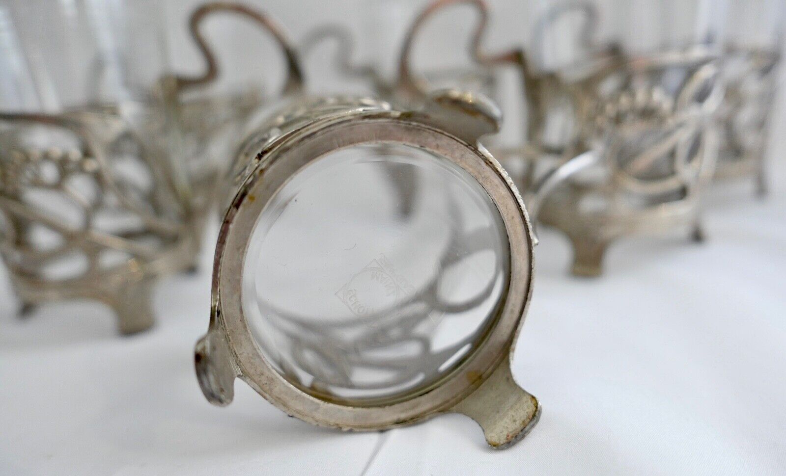Set 6x Jugendstil Teeglashalter versilbert mit Schott Mainz JENAer Glas um 1900 - Antikhandel-Stuttgart