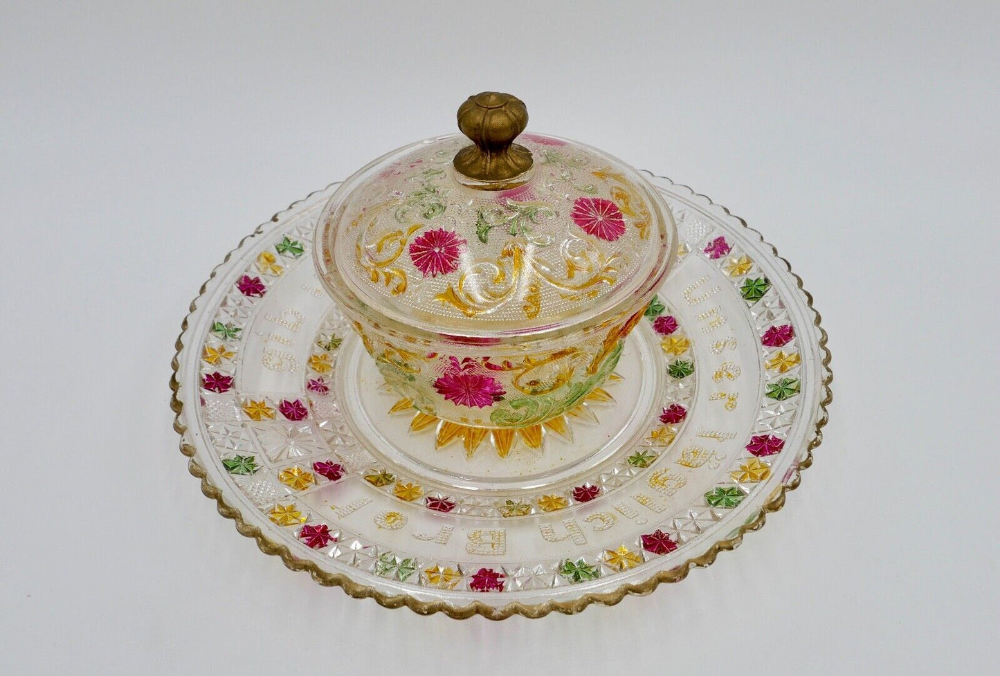 Zur Hochzeit um 1900 Glas Schale Bonbonniere "Unser täglich Brot gib uns heute" - Antikhandel-Stuttgart