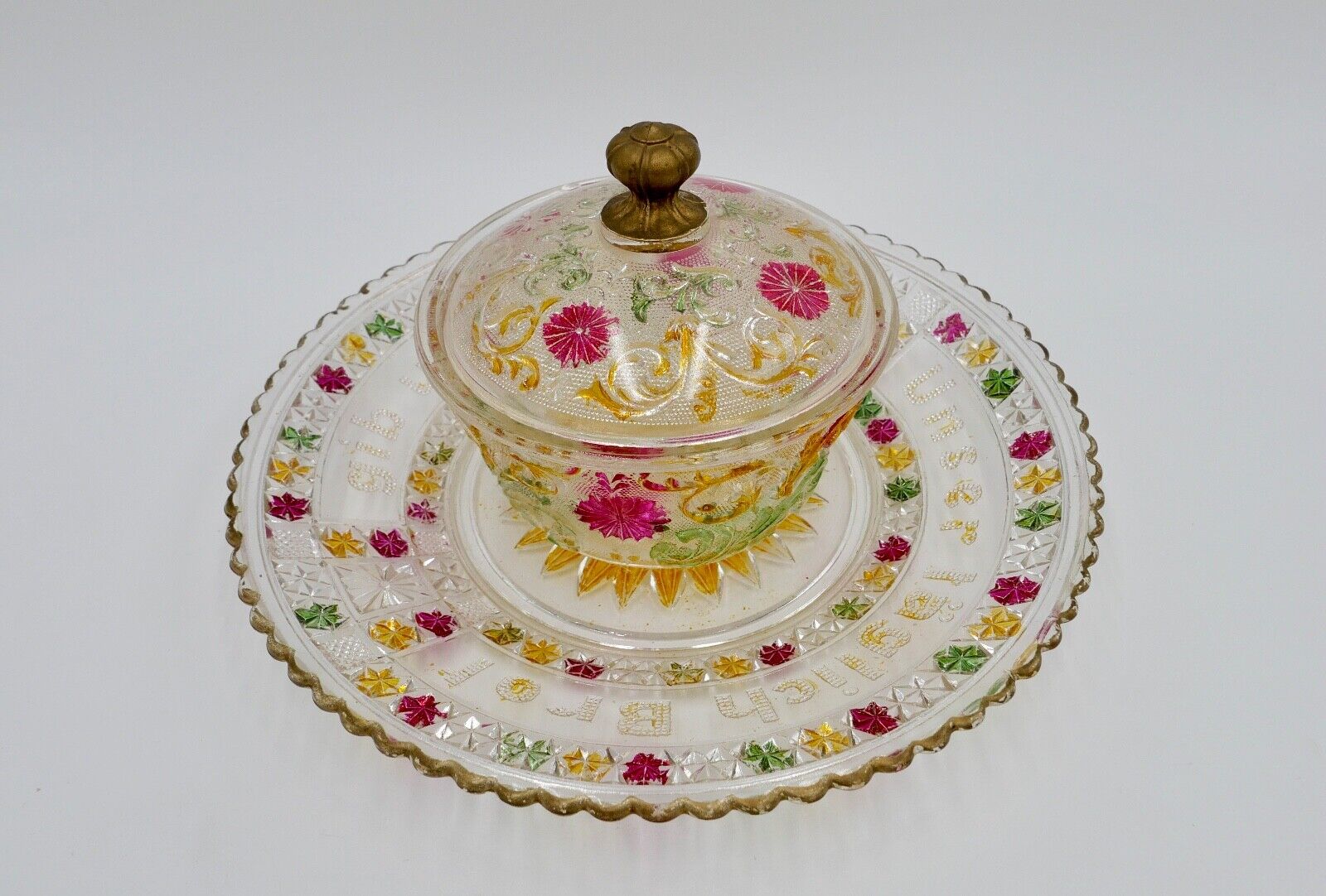 Zur Hochzeit um 1900 Glas Schale Bonbonniere "Unser täglich Brot gib uns heute" - Antikhandel-Stuttgart