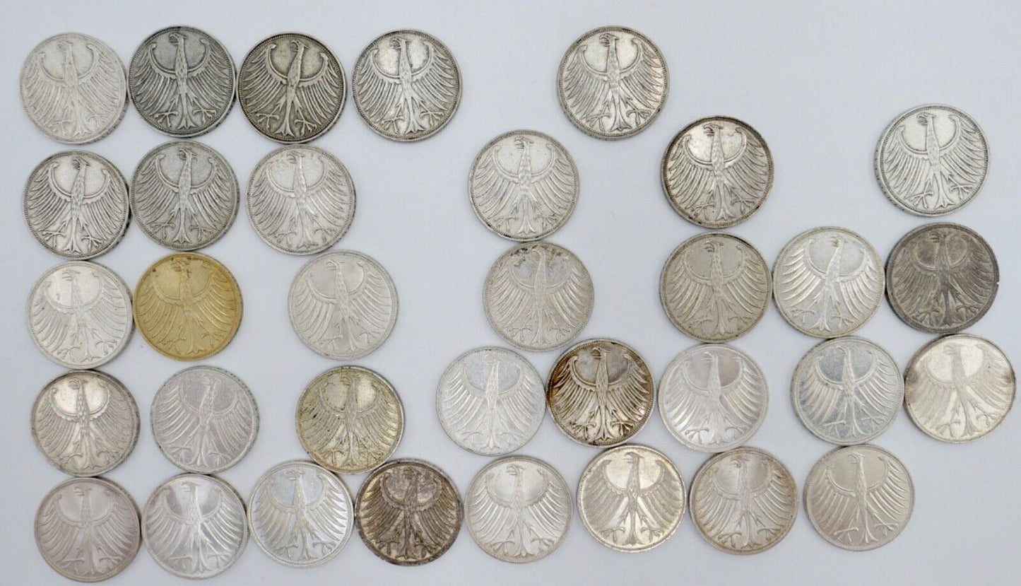 1951-1974 Konvolut LOT 34x 5 DM Silbermünzen J.387 Silberadler PP Heiermann - Antikhandel-Stuttgart