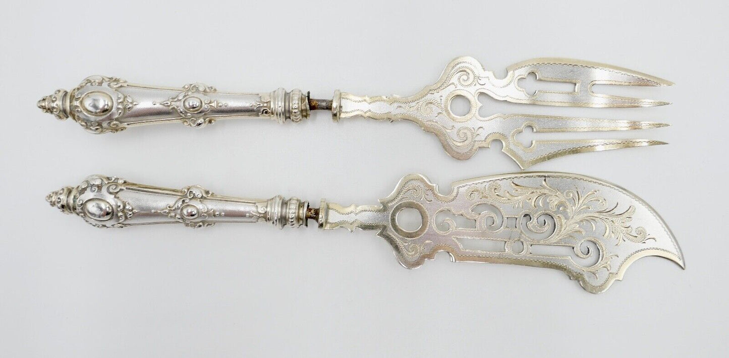 Seltenes Antikes 2 Tlg. Vorlegebesteck Fischgerichte Silber / vergoldet 19. JH - Antikhandel-Stuttgart