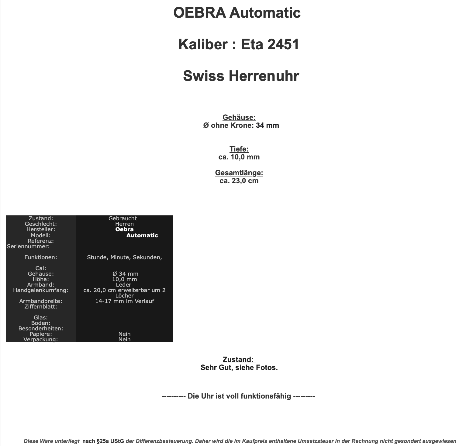 OEBRA Eta 2451 Automatic Ø 34 mm Swiss Herrenuhr sehr guter Zustand - Antikhandel-Stuttgart