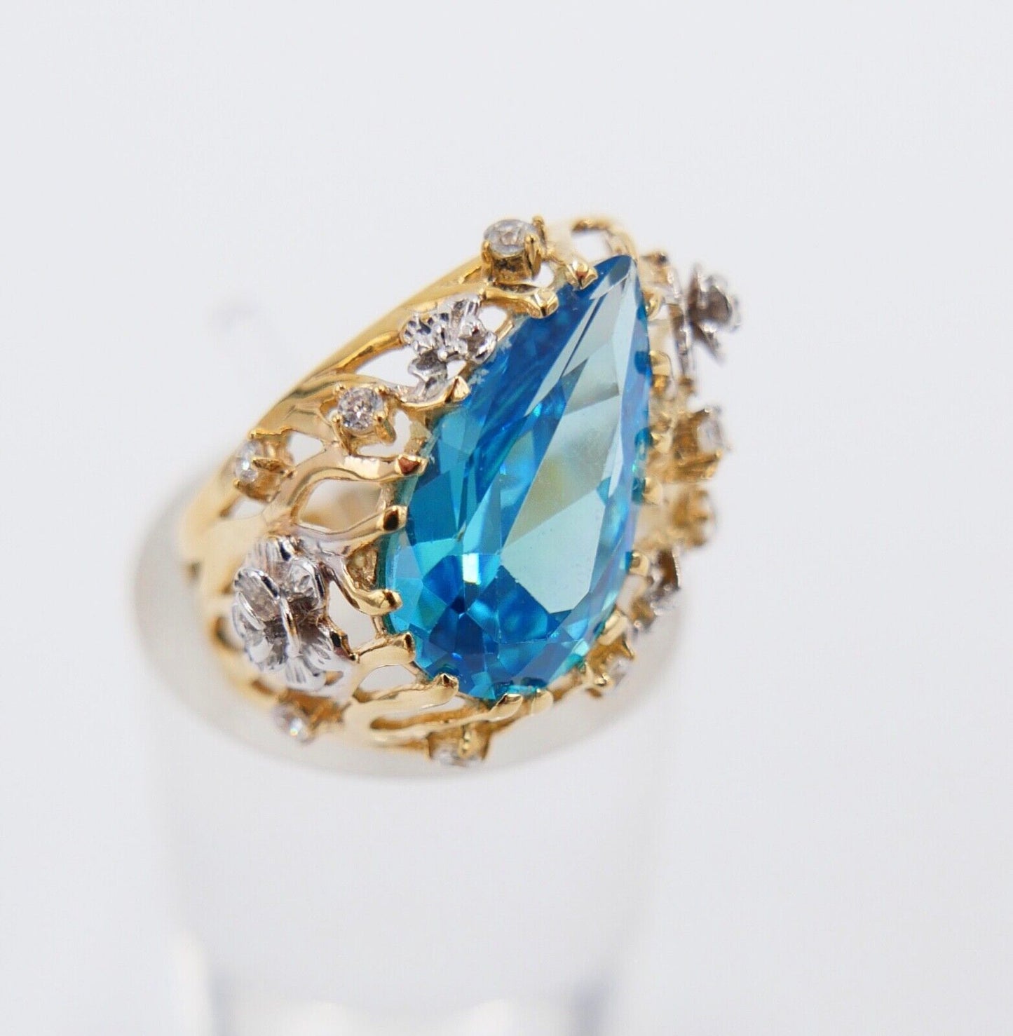 Gelbgold Ring mit Blautopas & Zirkonia 585 14K Gr. 55 im Tropfen Schliff 5,0 Ct - Antikhandel-Stuttgart