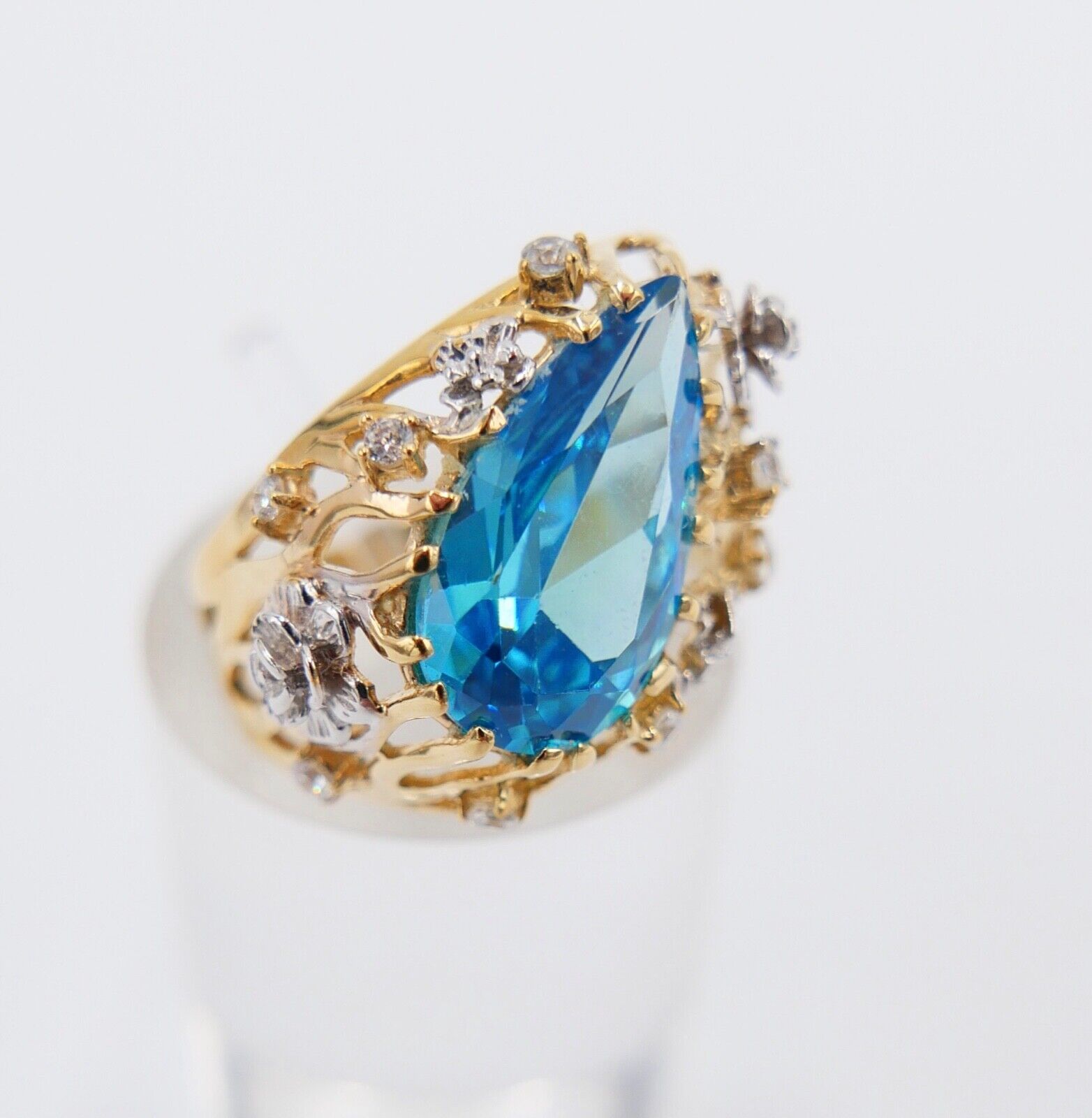 Gelbgold Ring mit Blautopas & Zirkonia 585 14K Gr. 55 im Tropfen Schliff 5,0 Ct - Antikhandel-Stuttgart