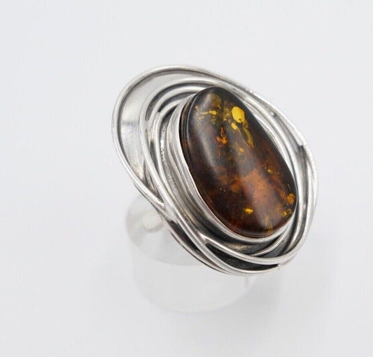 80er Jahre Designer Ring Bernstein Silber 925 Gr. 58 Frauenkopf W Warschau Polen - Antikhandel-Stuttgart