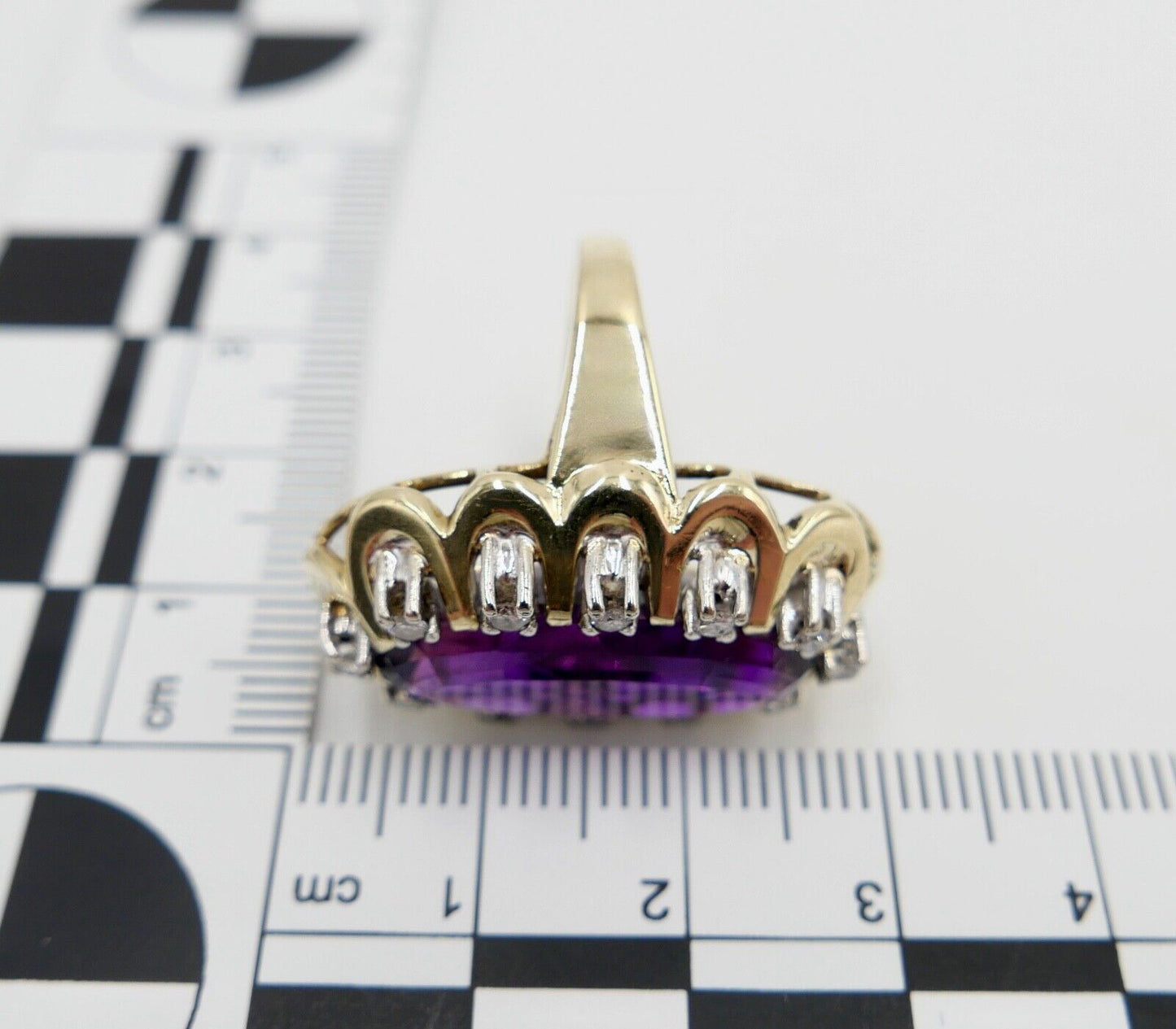 1980er Damenring Gelbgold 585 14K Brillant & Amethyst 15,68 Ctw Gr. 51-52 - Antikhandel-Stuttgart