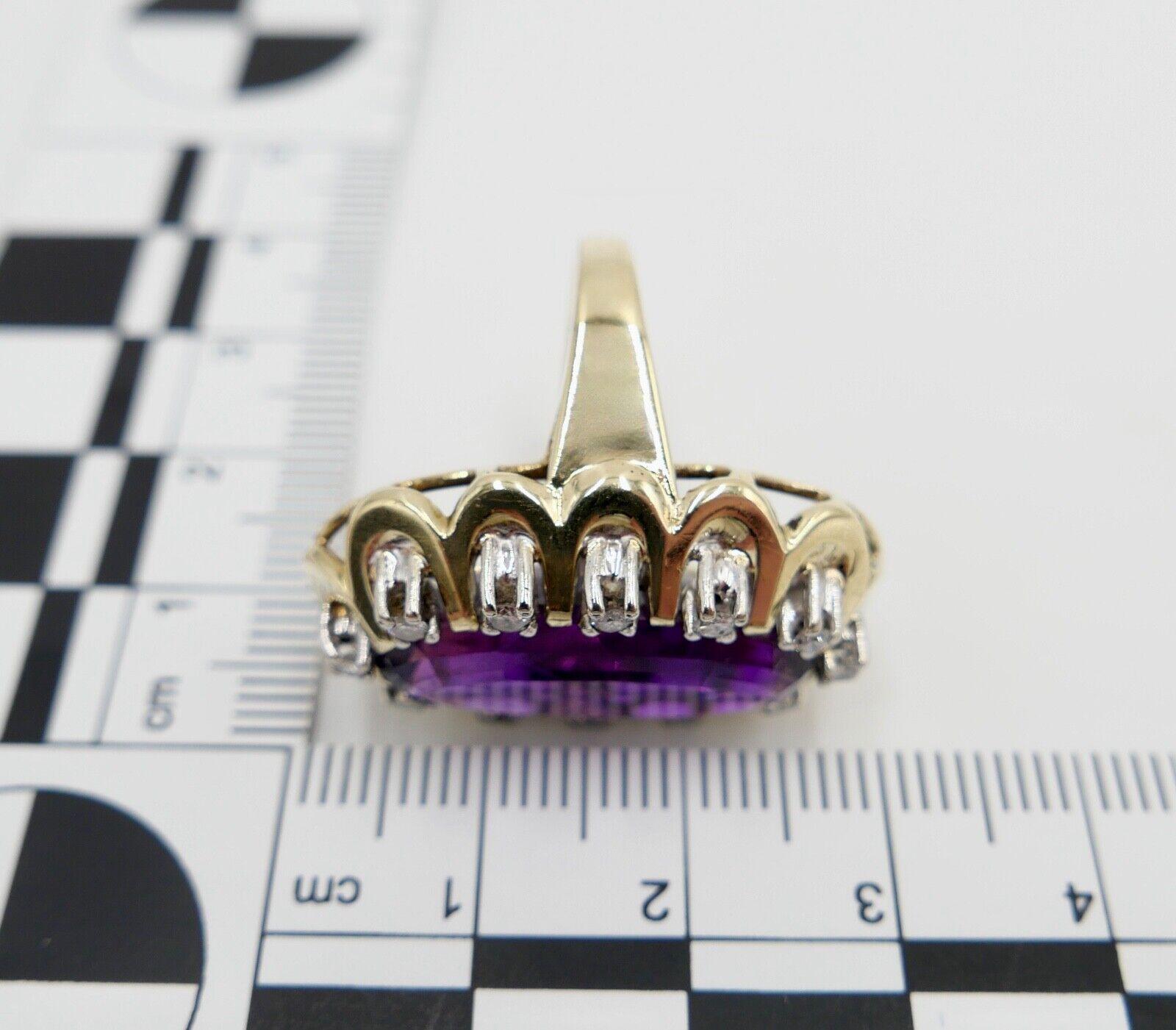 1980er Damenring Gelbgold 585 14K Brillant & Amethyst 15,68 Ctw Gr. 51-52 - Antikhandel-Stuttgart