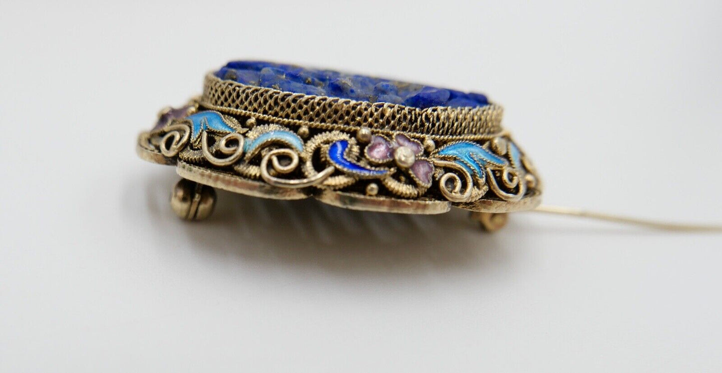 Lapislazuli Lapis Lazuli Brosche Emaille Silber vergoldet 1960er Jahre China - Antikhandel-Stuttgart