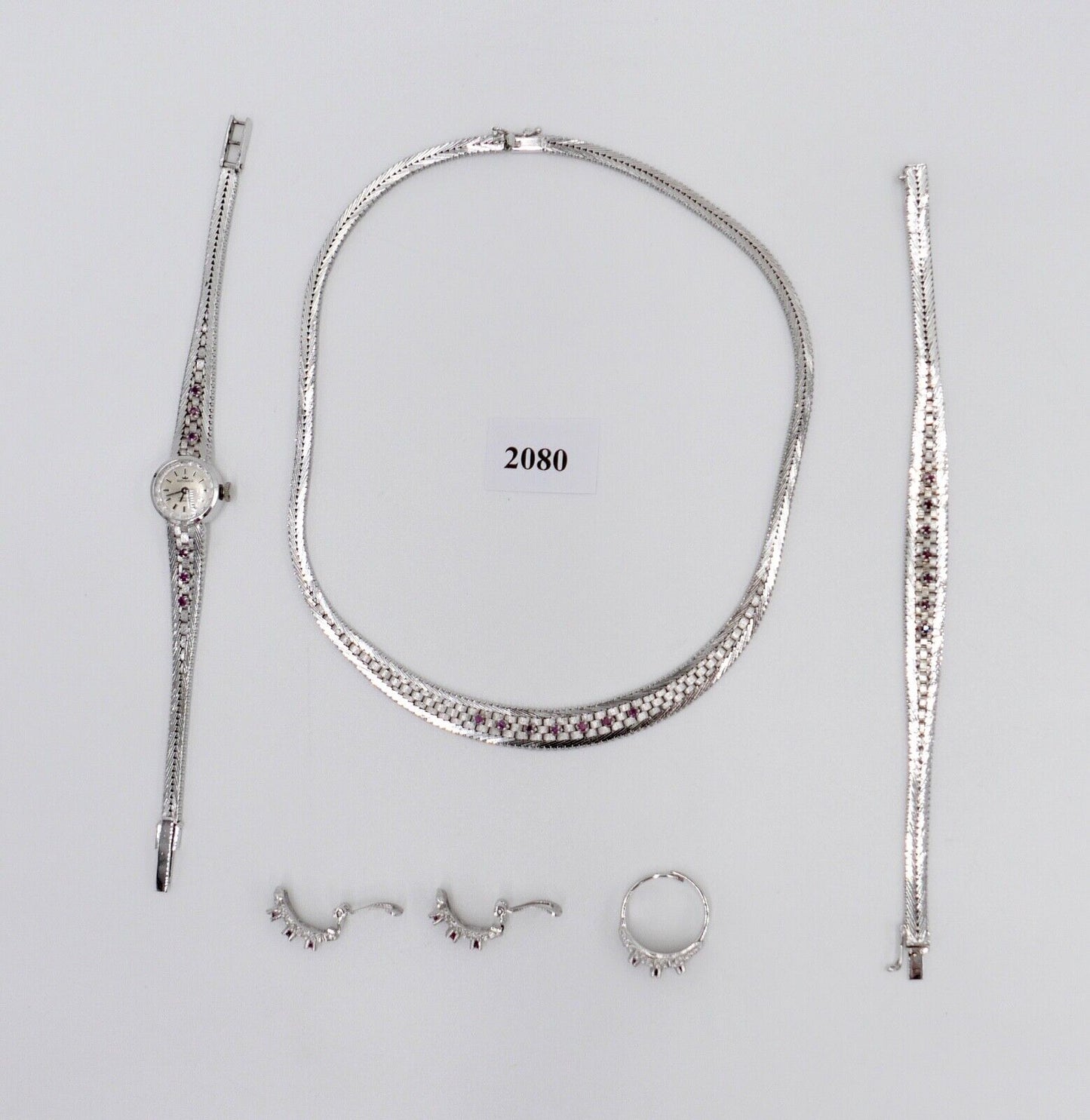 835 Silber Rubin Set " Armband Ring Uhr Ohrringe Collier " 1970er Jahre - Antikhandel-Stuttgart