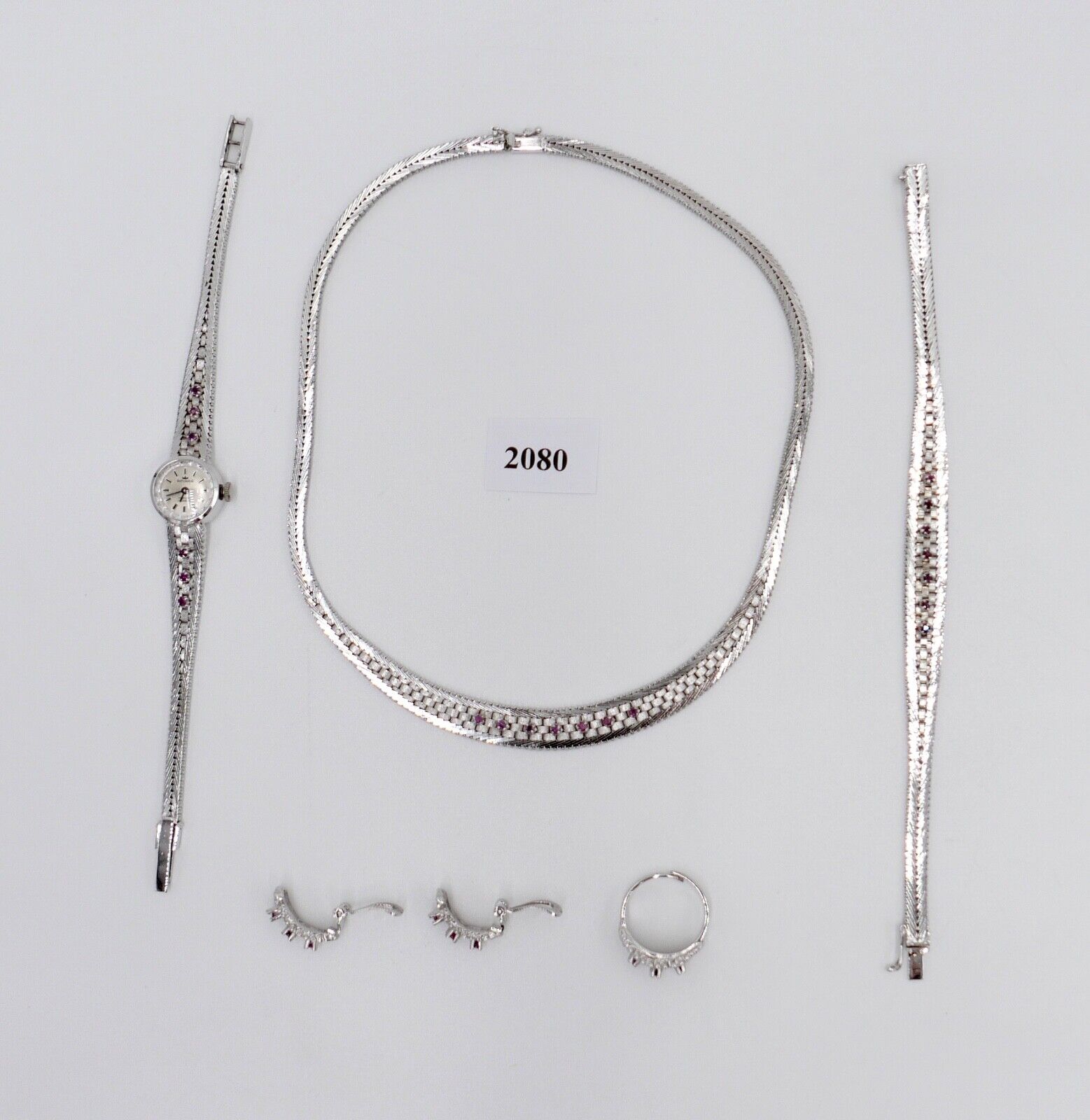 835 Silber Rubin Set " Armband Ring Uhr Ohrringe Collier " 1970er Jahre - Antikhandel-Stuttgart