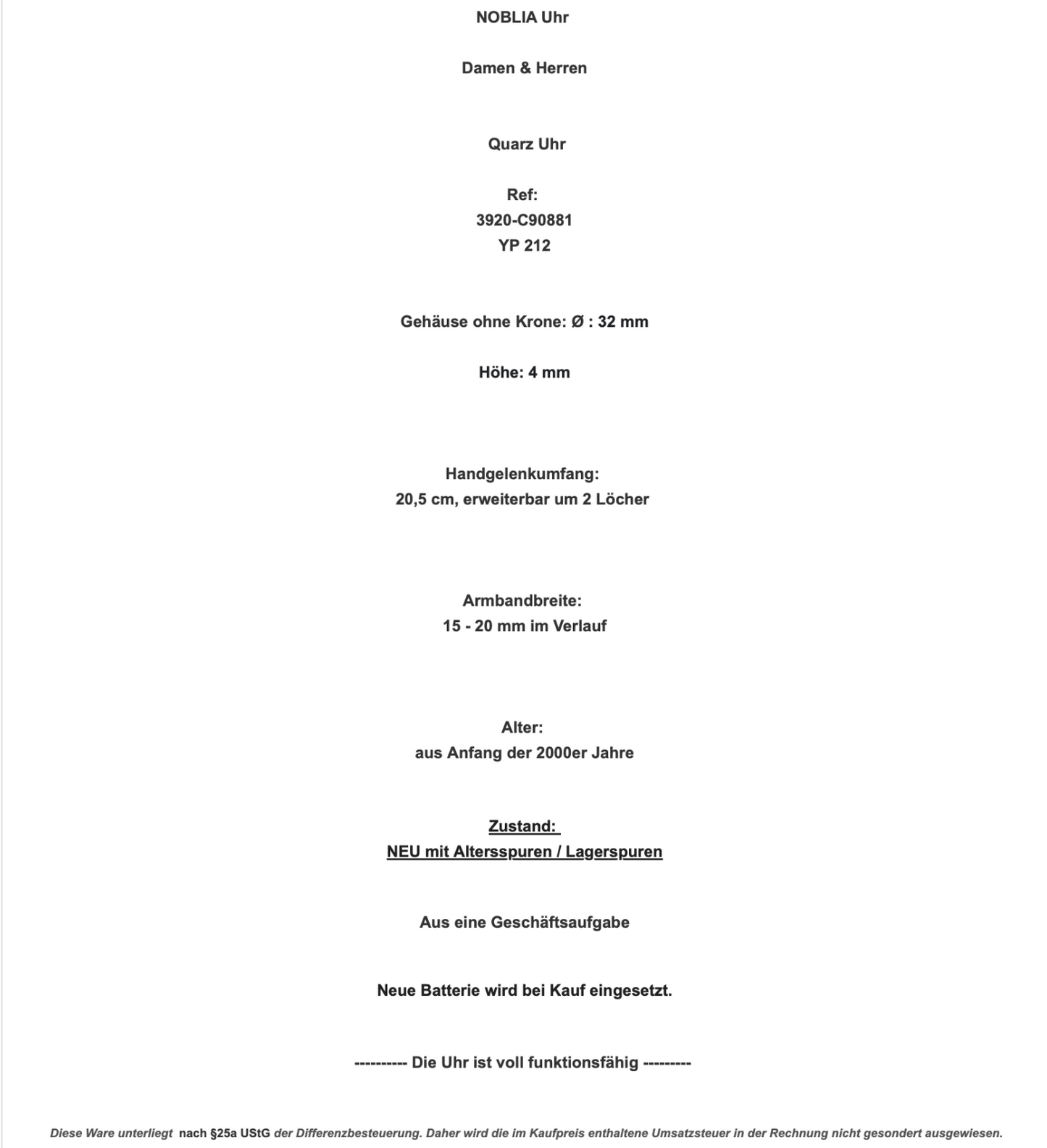 NOBLIA Damen Herren Uhr NEU 3920-C90881 YP 212 - Antikhandel-Stuttgart