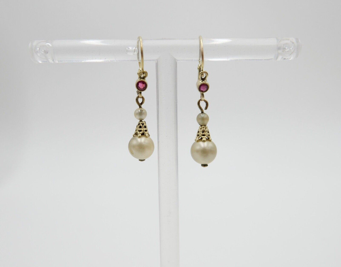 50er Jahre Ohrringe Ohrhänger mit Perlen & Glasstein GOLD 333 / 8K Perle Ø 6,3mm - Antikhandel-Stuttgart