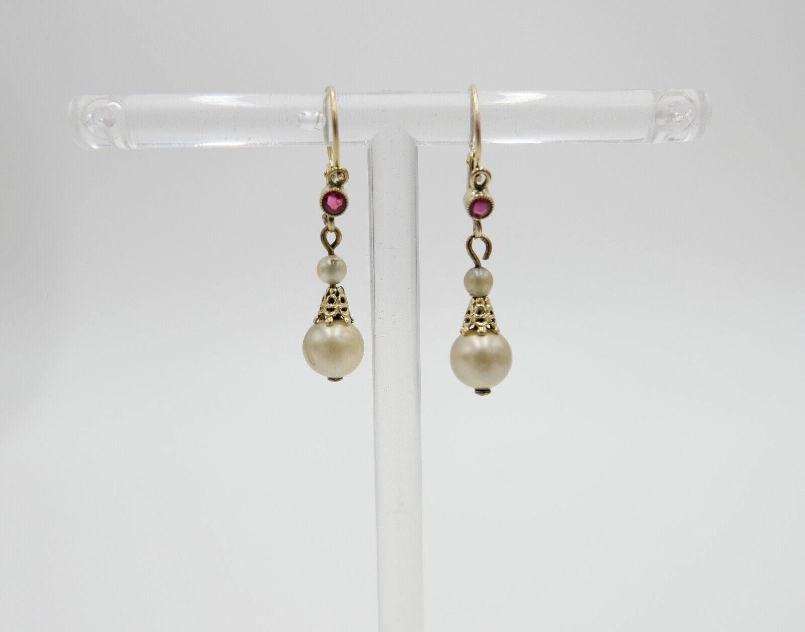 50er Jahre Ohrringe Ohrhänger mit Perlen & Glasstein GOLD 333 / 8K Perle Ø 6,3mm - Antikhandel-Stuttgart