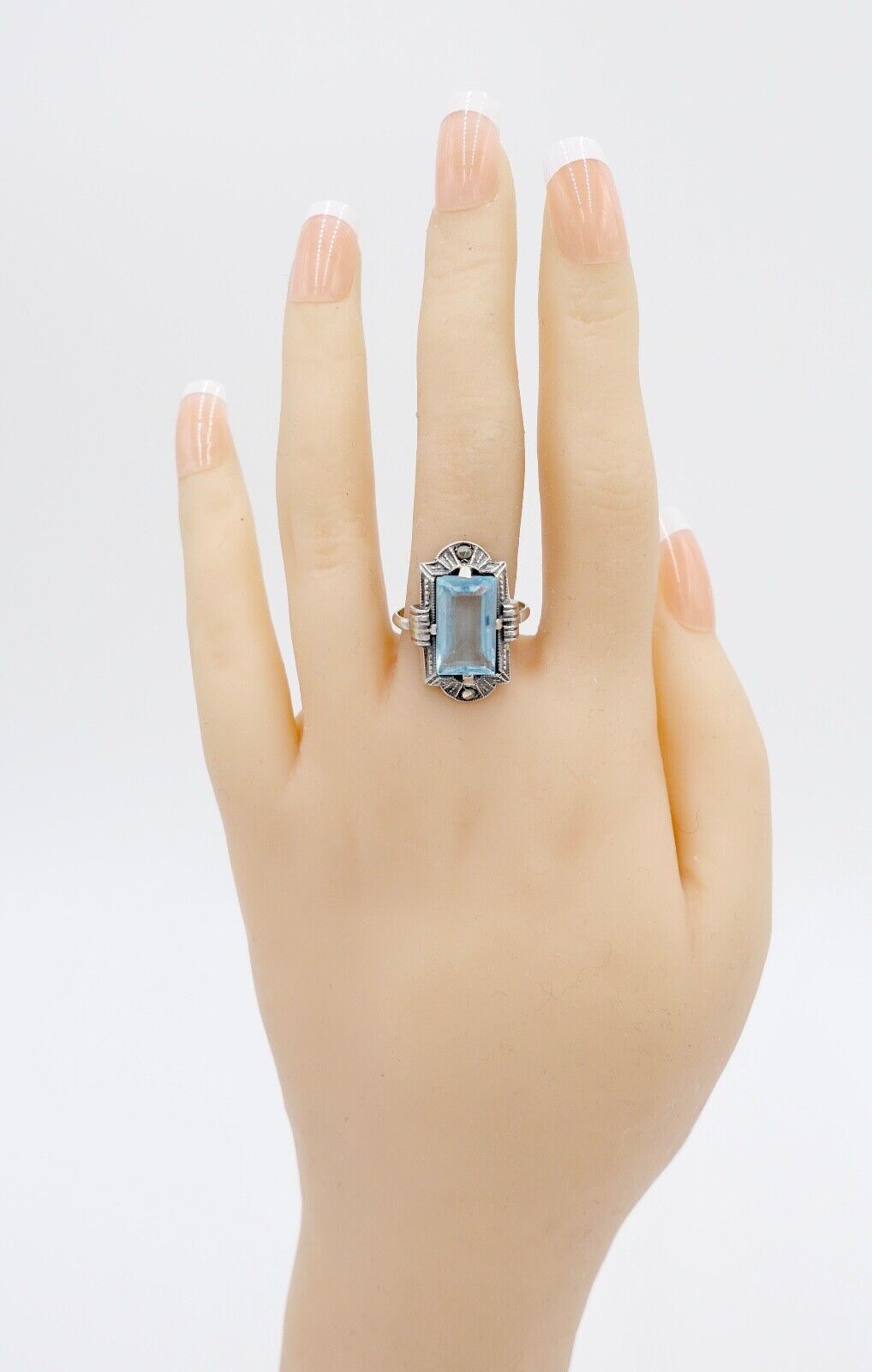 ART DECO Damenring Ring Silber 830 Gr. 53 mit Markasit blauer Glasstein - Antikhandel-Stuttgart