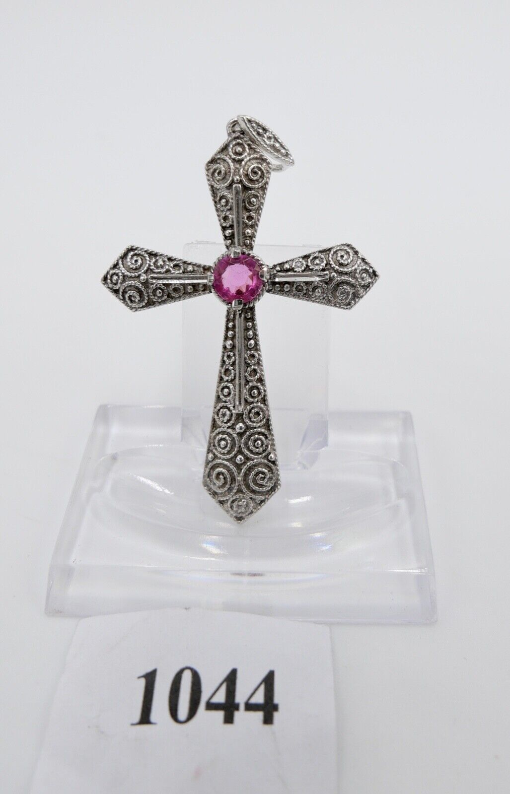 alter filigraner Kreuz Anhänger mit rosa Glasstein 835 Silber 62,0 mm - Antikhandel-Stuttgart