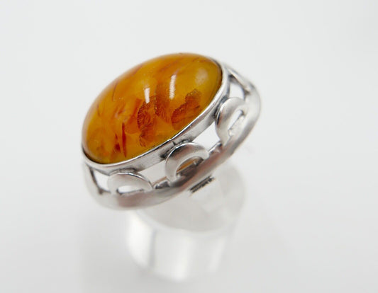 Großer auffälliger Bernstein Designer 835 Silber Ring Gr. 58 WWB 3 Frauenkopf - Antikhandel-Stuttgart