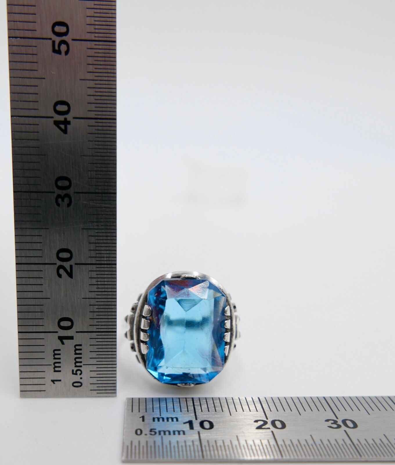 ART DECO Damenring Ring Silber 835 mit großem blauen Glasstein Gr. 56 - Antikhandel-Stuttgart