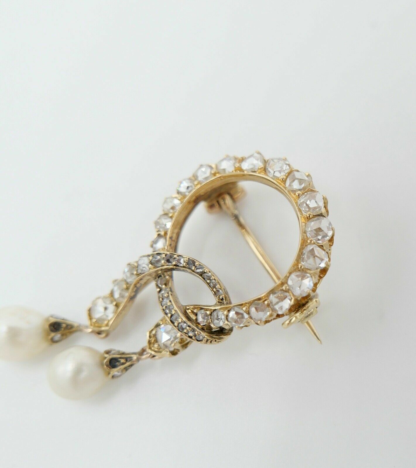 Antike um 1850 Gold Diamant Perle Schleifen Brosche 2,3Ct 585 14K Rosenschliff - Antikhandel-Stuttgart