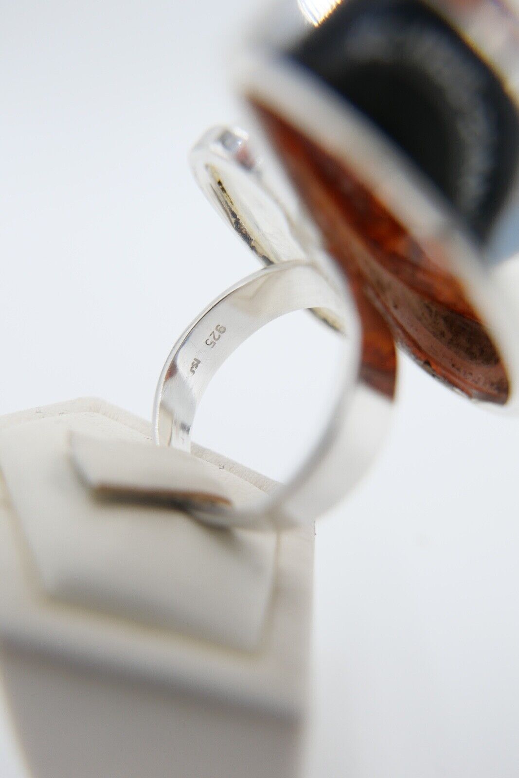 80er Jahre Designer Ring Bernstein & Mondstein Silber 925 Größe 60 verstellbar - Antikhandel-Stuttgart