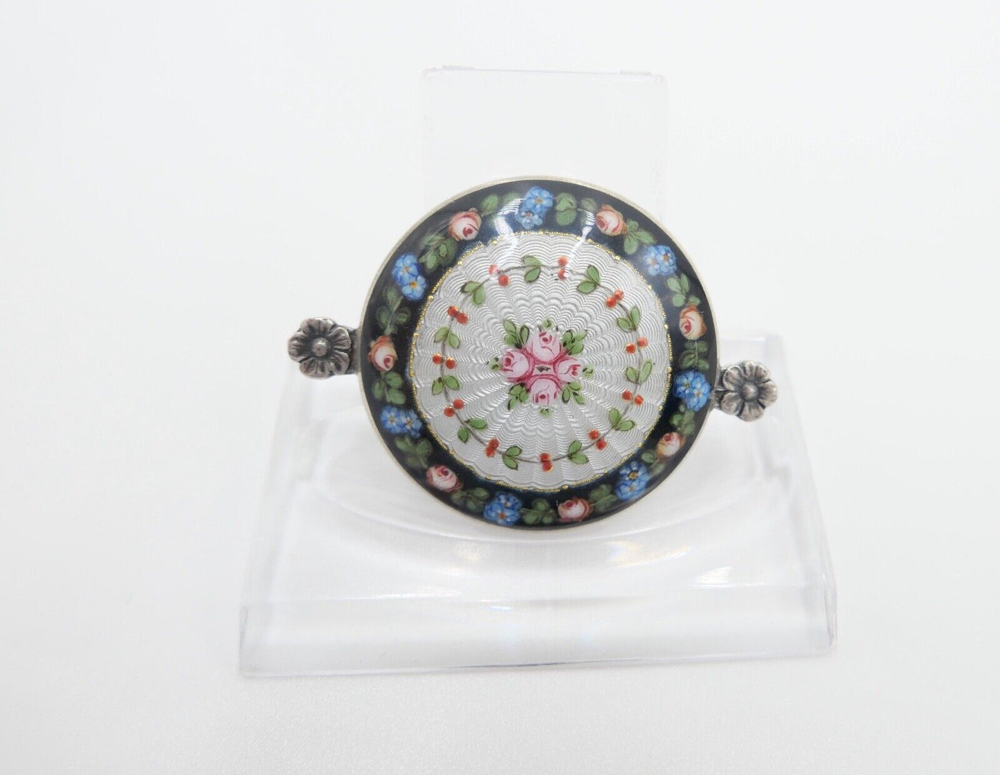 60er Jahre florale Silber Brosche 41 x 30 mm mit Emaille Blumen Rosen - Antikhandel-Stuttgart