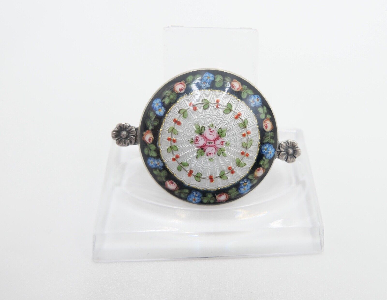 60er Jahre florale Silber Brosche 41 x 30 mm mit Emaille Blumen Rosen - Antikhandel-Stuttgart