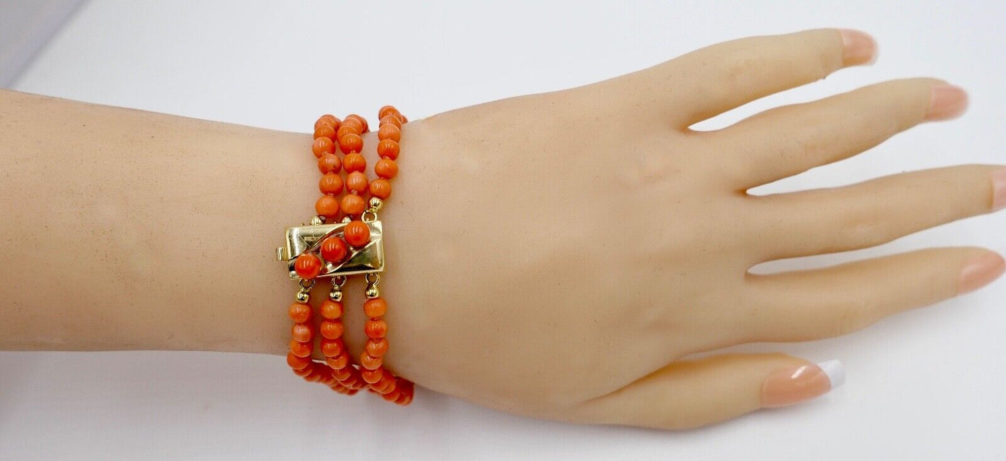 Korallen Armband 3 REIHIG 925 JKa Silber vergoldet ( aus einem Set ) - Antikhandel-Stuttgart