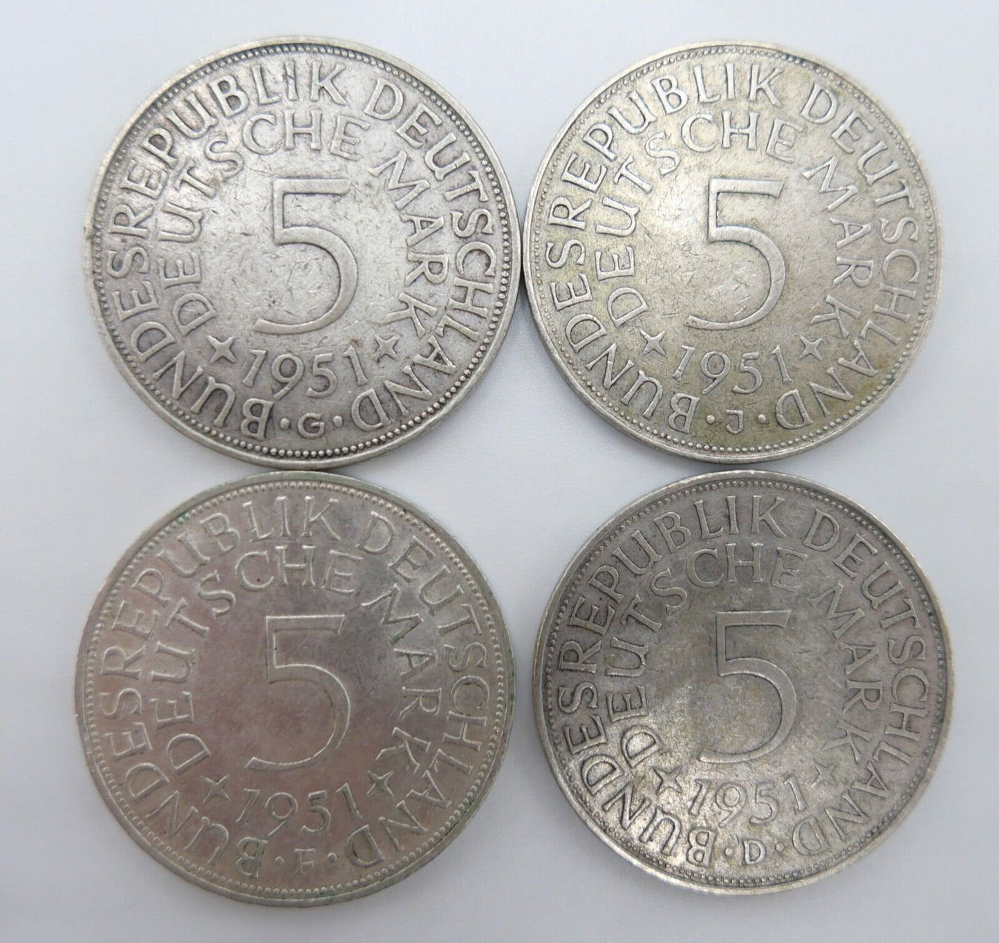 4x 5 DM 1951 J.387 Silbermünzen Silberadler Heiermann Komplettsatz D F G J - Antikhandel-Stuttgart