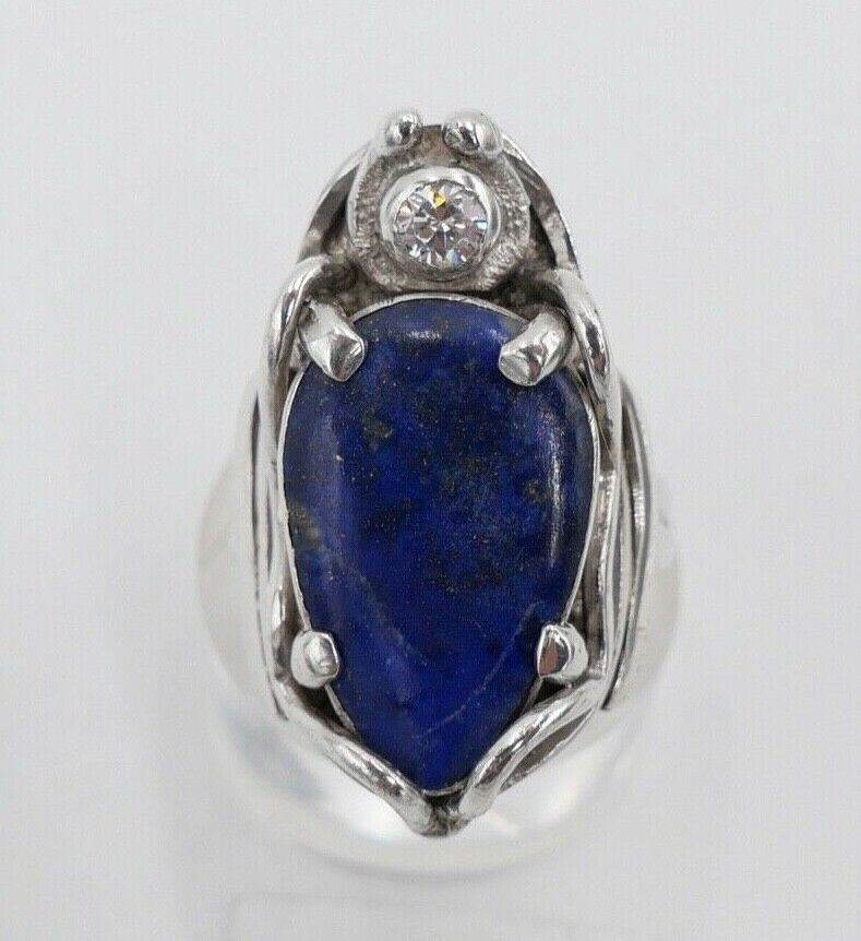 80er Silberrring Design Damen Lapislazuli und Zirkonia Käfer Gr. 58 Silber 980 - Antikhandel-Stuttgart