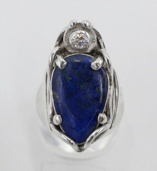 80er Silberrring Design Damen Lapislazuli und Zirkonia Käfer Gr. 58 Silber 980 - Antikhandel-Stuttgart