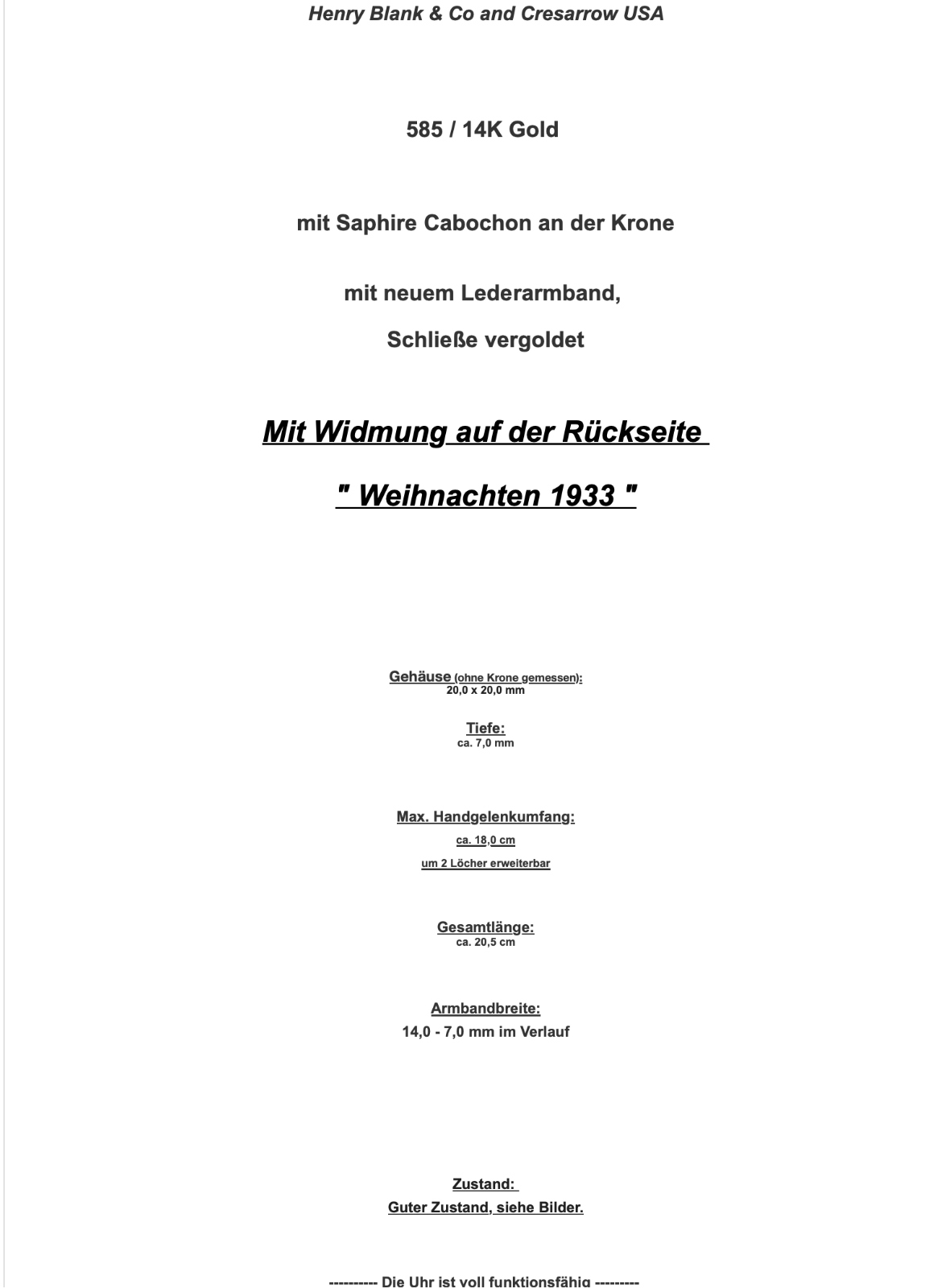 1930er Herren Damen Uhr Henry Blank & Co and Cresarrow USA 585 14K Gold Saphire - Antikhandel-Stuttgart