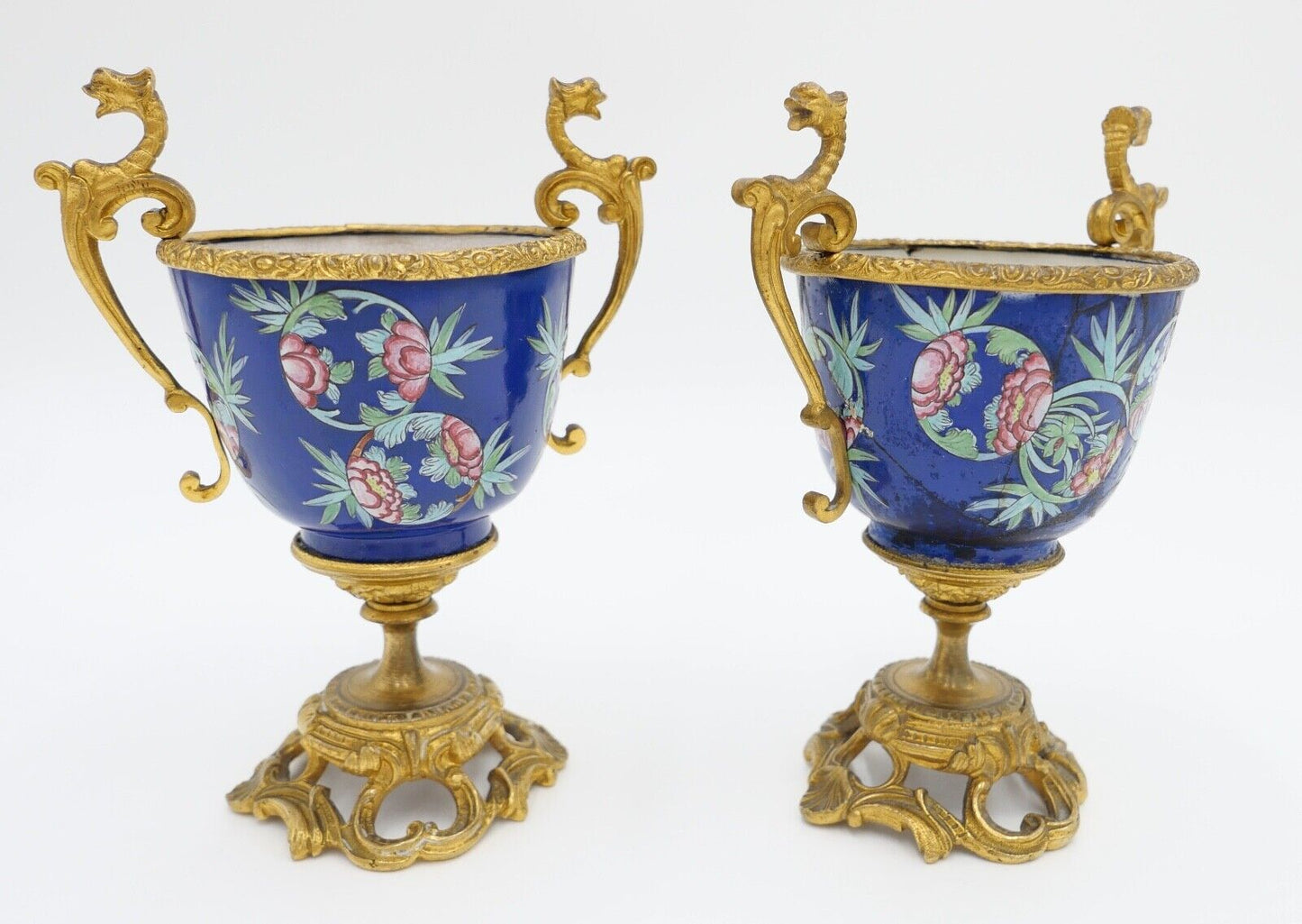 antik Mitte 19. Jhd 2x Kelch Becher Pokal feuervergoldet handbemalt Krakelee - Antikhandel-Stuttgart