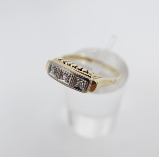 50er Jahre Damen Ring Gelbgold 585 14K drei Steine Diamanten 0,075 Ct Gr. 59 60 - Antikhandel-Stuttgart