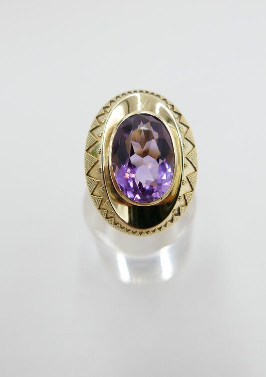 1970er Massiver Gold Ring 585 14K Gr. 53 Amethyst Oval Schliff 8,2 Ct - Antikhandel-Stuttgart