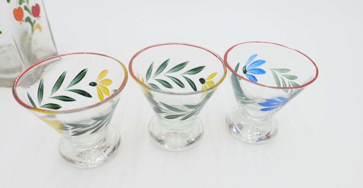 altes Schnaps Likör Set Glas Handbemalt Gläser Karaffe Blumenmuster - Antikhandel-Stuttgart