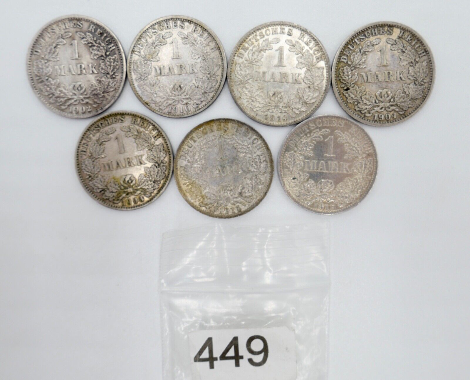 7x 1 Mark 1902 1903 1904 1910 1914 1915 D F G A Silbermünze Jäger J.17 - Antikhandel-Stuttgart