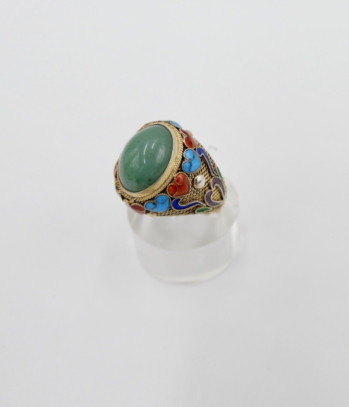 60er Jahre Silber Ring vergoldet Emaille Jade Cabochon Gr. 55 China Silver - Antikhandel-Stuttgart