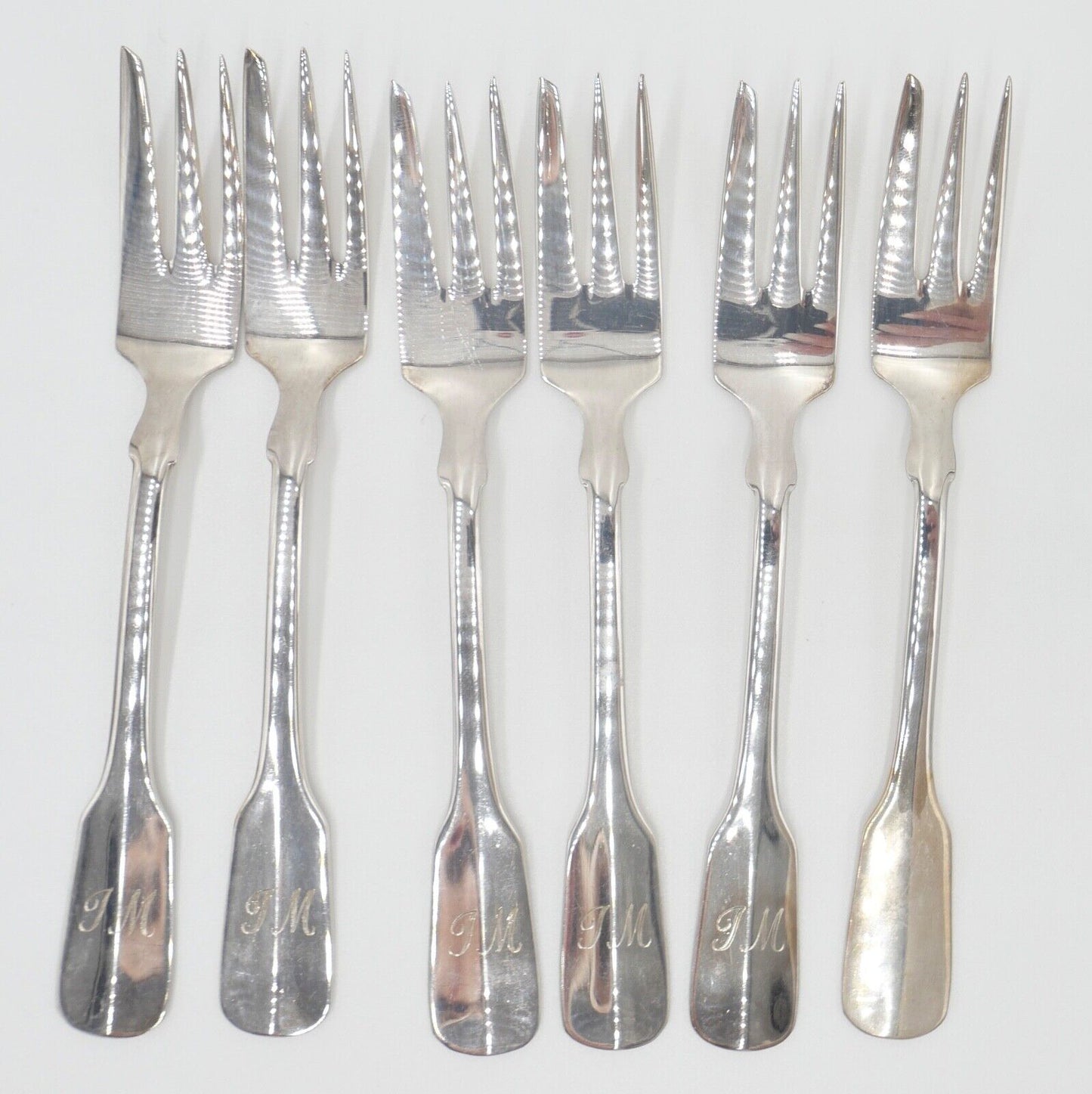 800 Silber Besteck 6 tlg. Kuchengabel Gebrüder Reiner Spatenmuster Monogramm JM - Antikhandel-Stuttgart