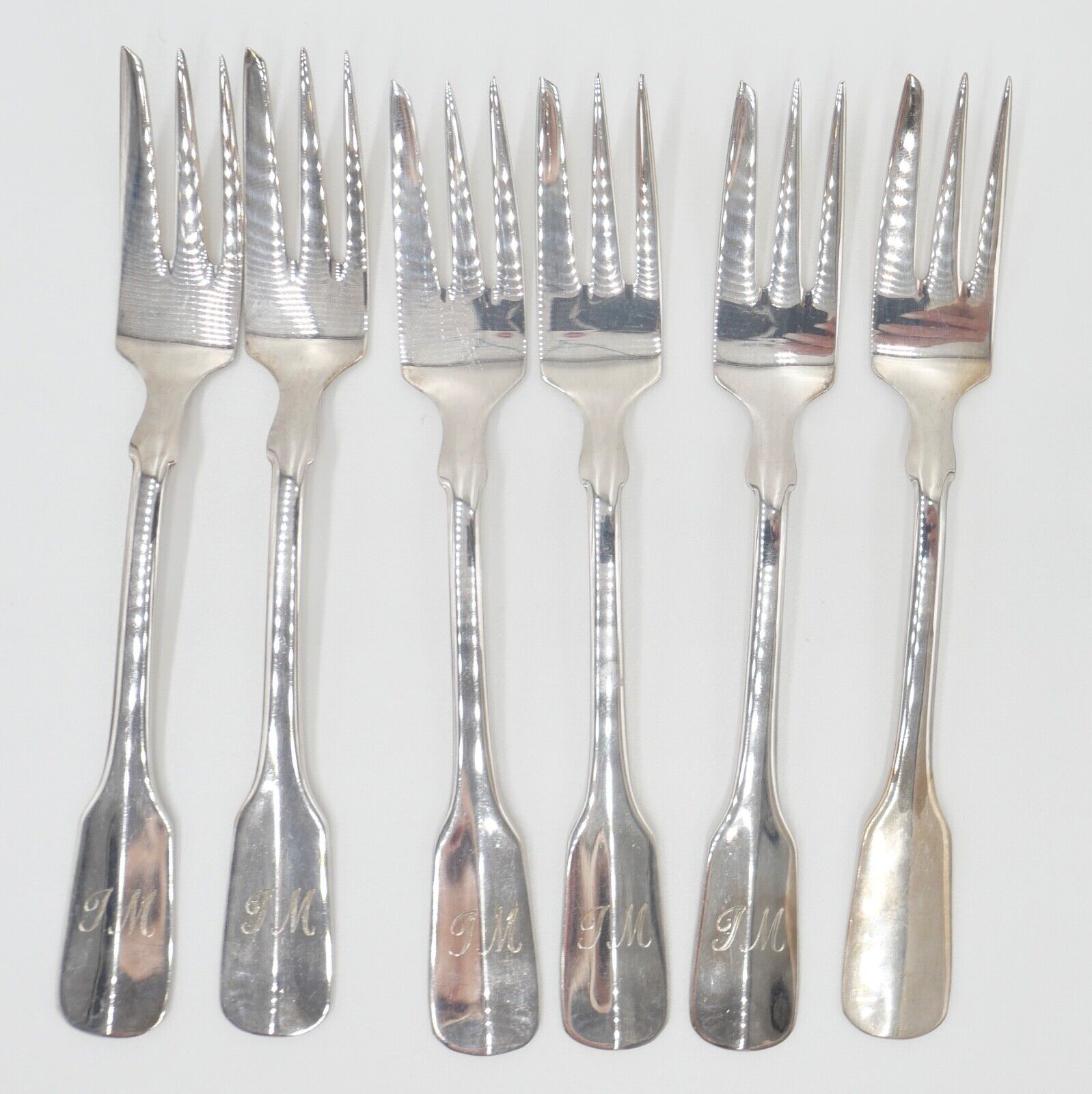 800 Silber Besteck 6 tlg. Kuchengabel Gebrüder Reiner Spatenmuster Monogramm JM - Antikhandel-Stuttgart