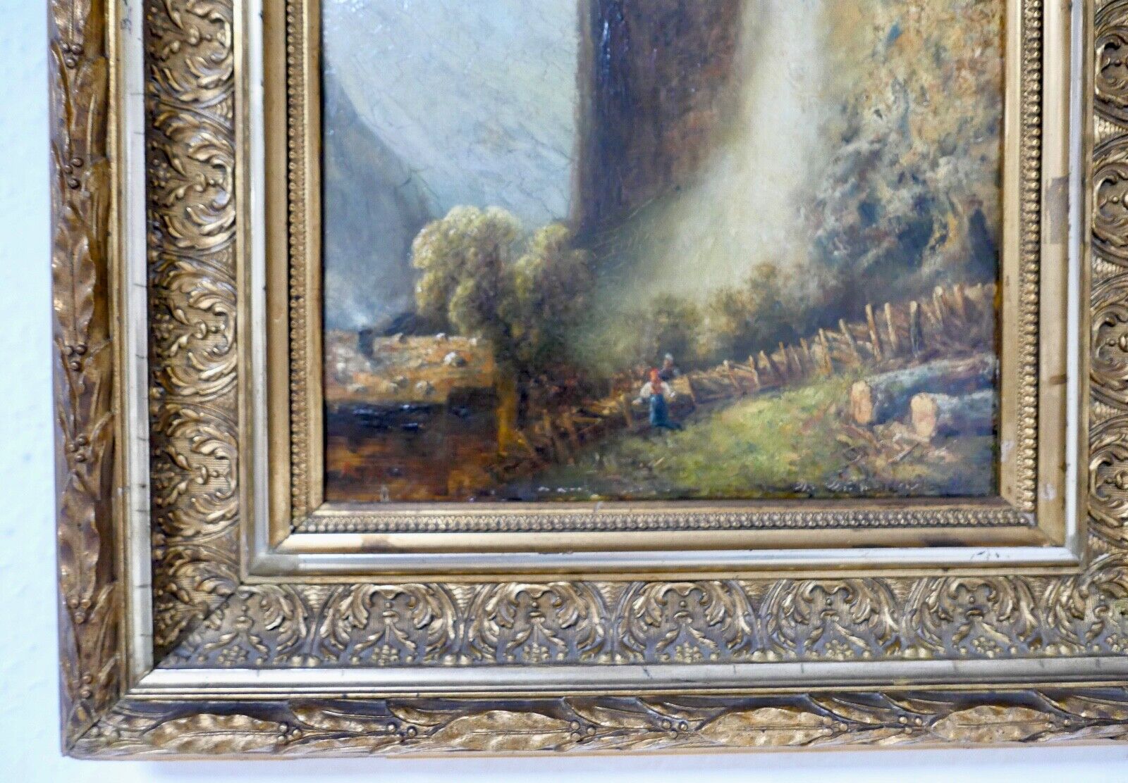 antikes Gemälde Berghütte Landschaft Öl Holz Prunkrahmen 51x42cm signiert R99 - Antikhandel-Stuttgart