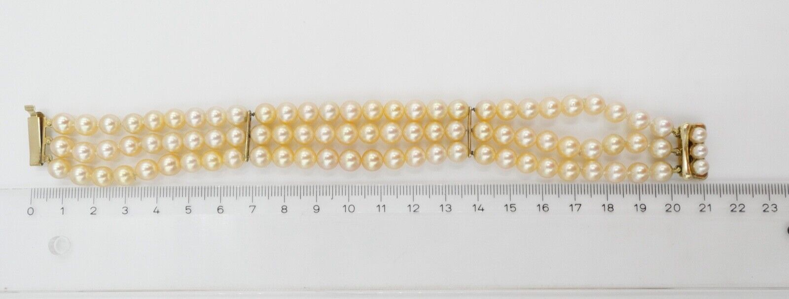 dreireihiges Perlenarmband 40,8 g Zuchtperlen 21 cm Gold 585 / 14K pearl Ø 7 mm - Antikhandel-Stuttgart