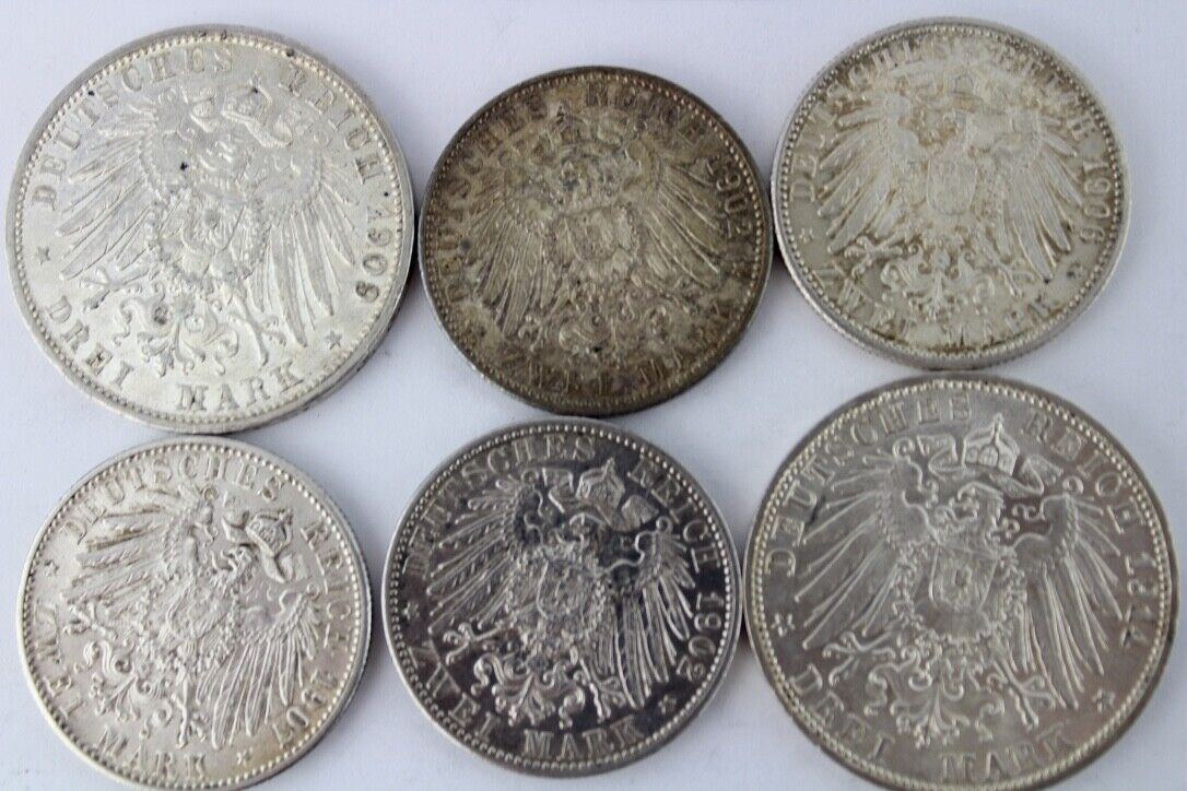 6x 2 & 3 Mark 1902 - 1914 " Friedrich Baden " Jäger J. 30 34 36 39 Silber - Antikhandel-Stuttgart