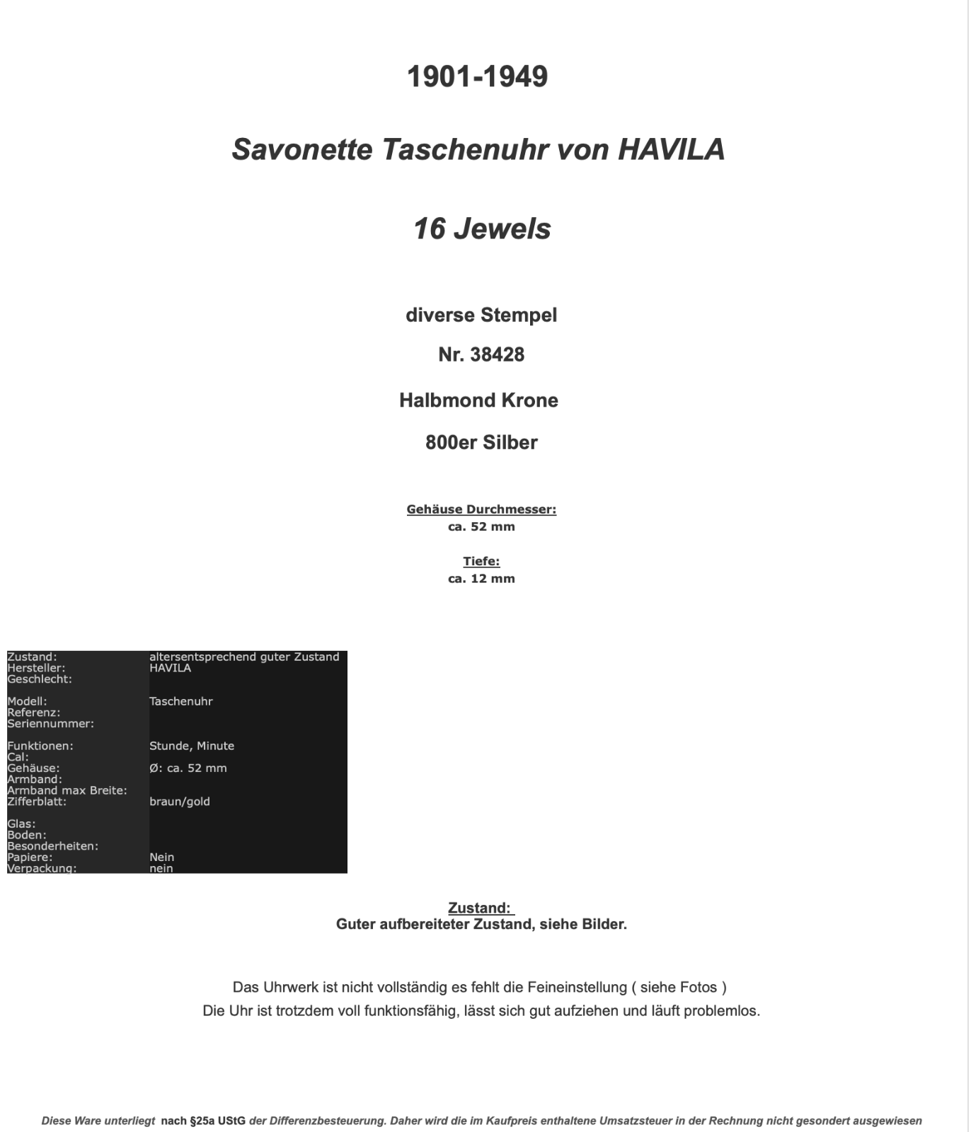 1901-1949 ART DECO SAVONETTE Taschenuhr HAVILA pocket watch Halbmond Krone Silbe - Antikhandel-Stuttgart